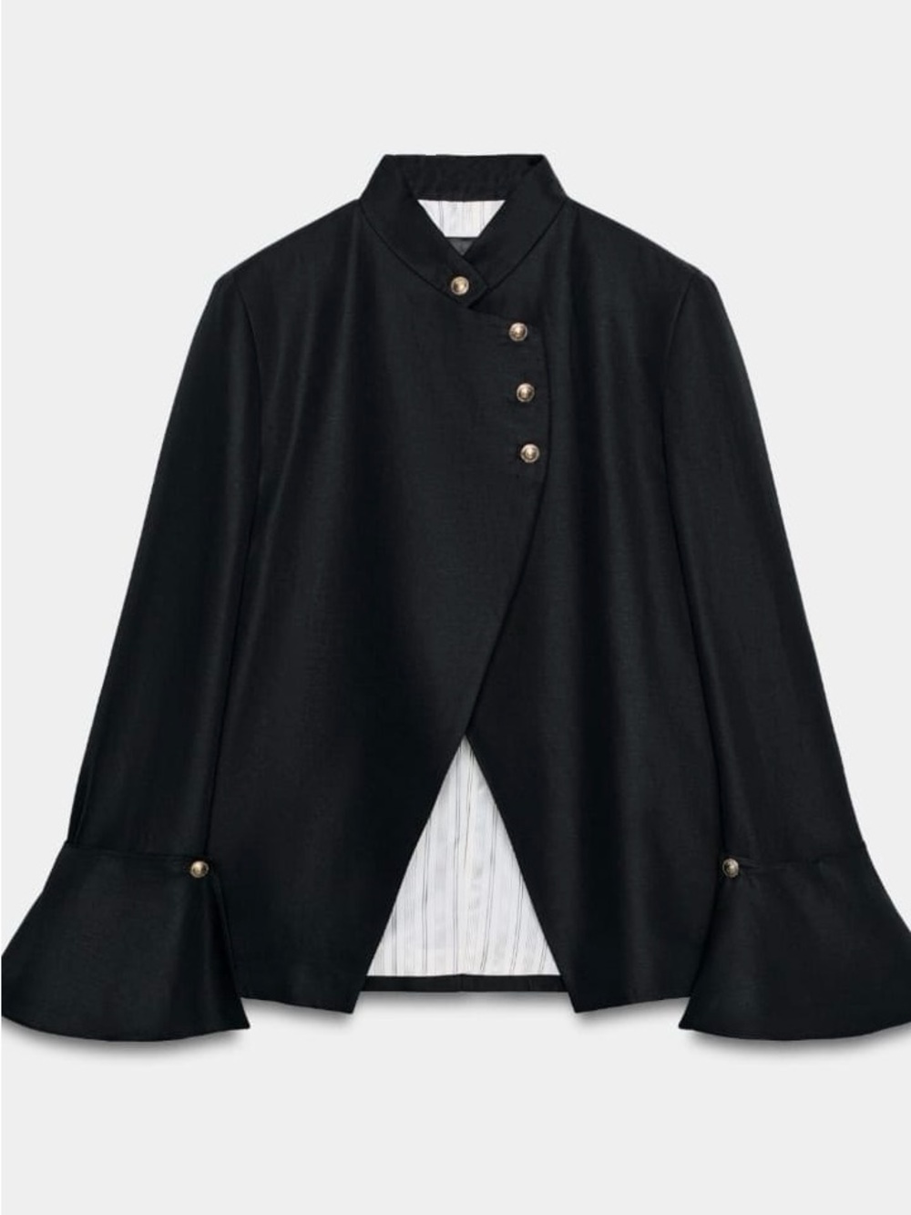 ZARA ZW Collection Linen Blend Blazer Black Ruffled Sleeve High Collar S
